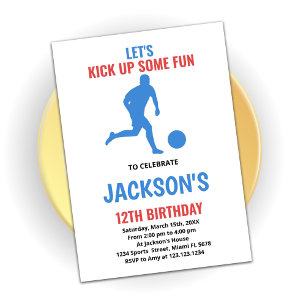 Red Blue Running Soccer Birthday Invitations