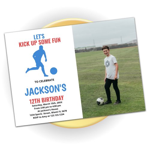 Red Blue Running Soccer Birthday With Photo Invitation