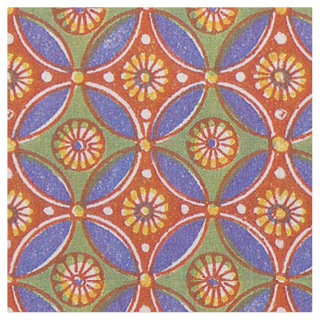 Red Blue Rustic Colorful Circle Egypt Art Pattern Fabric (Close Up)