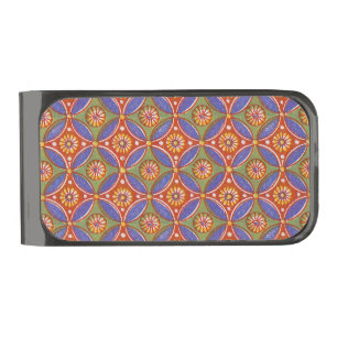 Red Blue Rustic Colorful Circle Egypt Art Pattern Gunmetal Finish Money Clip