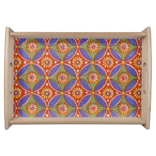 Red Blue Rustic Colorful Circle Egypt Art Pattern Serving Tray