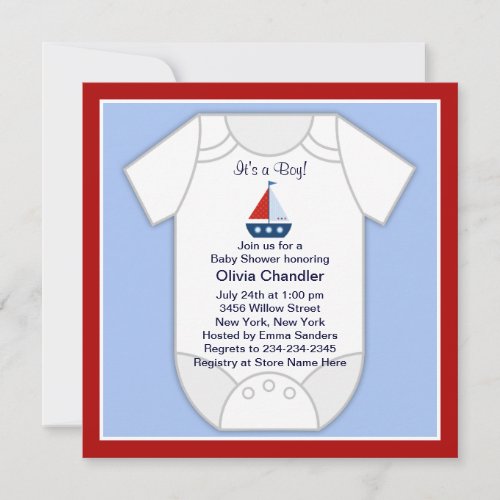 Red Blue Sailboat Baby Boy Shower Invitation