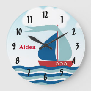 Red & Blue Sailboat on Water Waves, Personalized Large Clock
