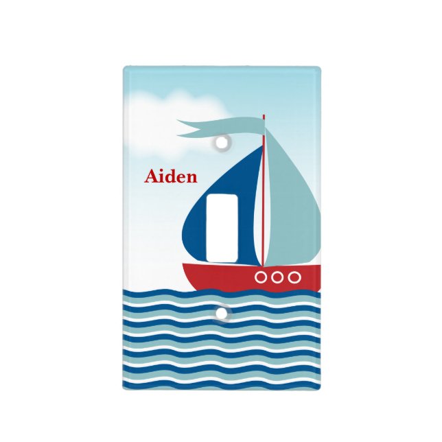 Red & Blue Sailboat on Water Waves, Personalized Light Switch Cover (Front)