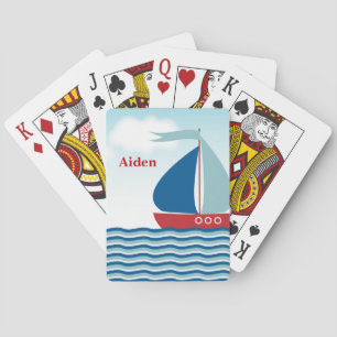 Red & Blue Sailboat on Water Waves, Personalized Poker Cards