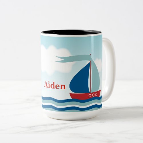 Red  Blue Sailboat on Water Waves Personalized Two_Tone Coffee Mug