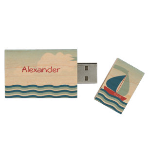 Red & Blue Sailboat on Water Waves, Personalized Wood Flash Drive