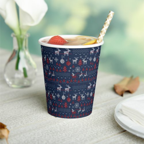 Red Blue Santa Reindeer Ugly Christmas Sweater Paper Cups