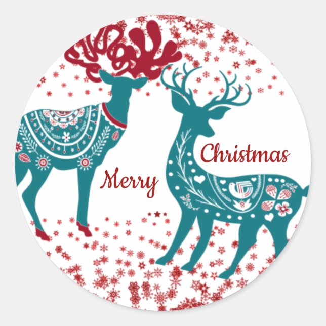 Red Blue Scandinavian Nordic Christmas Reindeer Classic Round Sticker (Front)