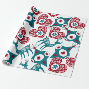Red Blue Scandinavian Nordic Christmas Stag Wrapping Paper