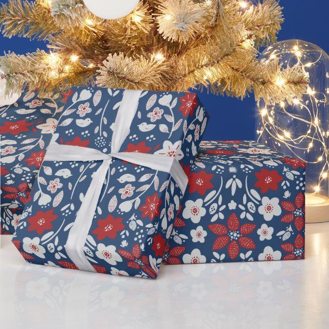 Red & Blue Scandinavian Winter Blooms Wrapping Paper (Holidays)