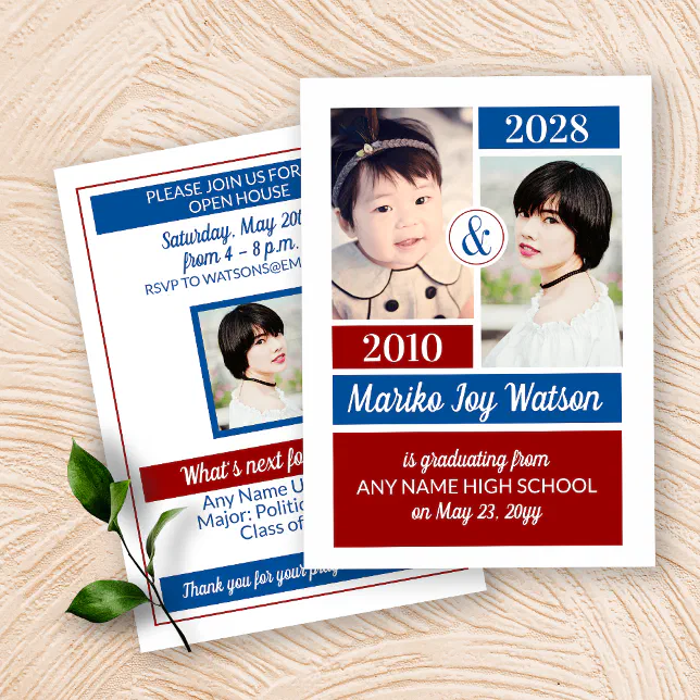 Red Blue School Colors Then and Now Graduation Invitation | Zazzle