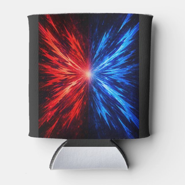 red blue shirt, abstract explosion shirt, energy b can cooler (Front)