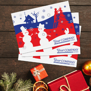 Red Blue Snow Men Village, Logo Business Christmas Foil Invitation