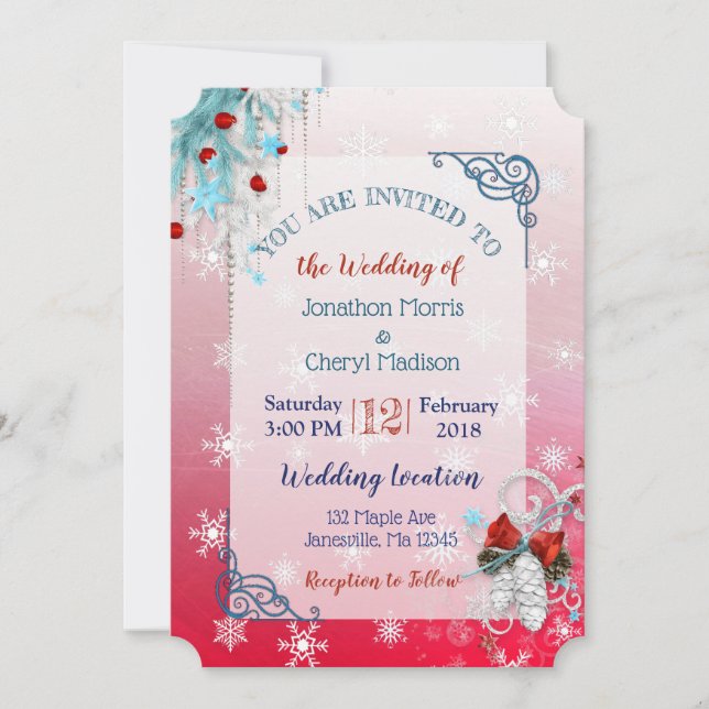 Red  Blue Snowflake Christmas Wedding Invitation (Front)