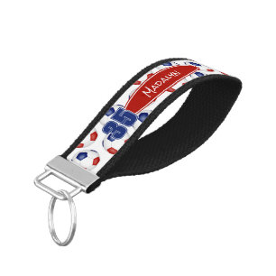 red blue soccer balls pattern athlete name wrist keychain