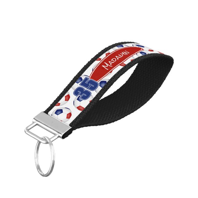 red blue soccer balls pattern athlete name wrist keychain (Angled Down)