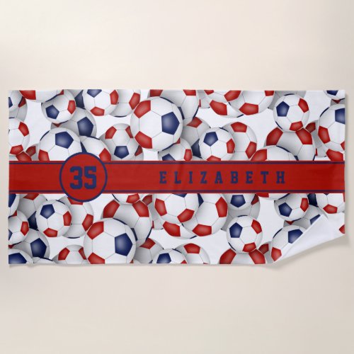 Red blue soccer balls pattern personalized name  beach towel