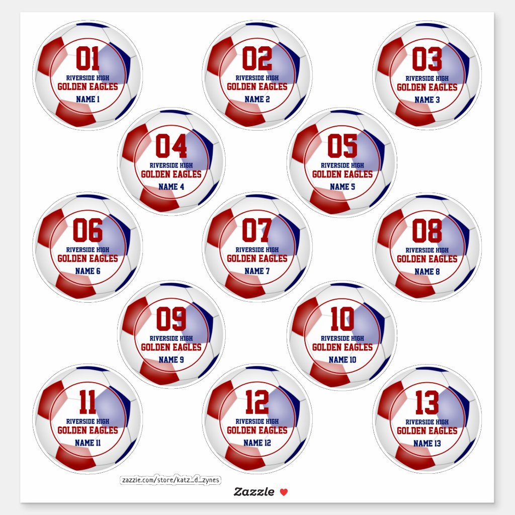 red blue soccer team colors set of 13 custom players names stickers
