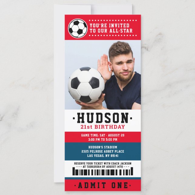 Red Blue Soccer Ticket Birthday Party Photo Invitation (Front)