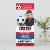 Red Blue Soccer Ticket Birthday Party Photo Invitation (Standing Front)