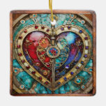 Red &amp; Blue Stained Glass Heart Steampunk Series Ceramic Ornament