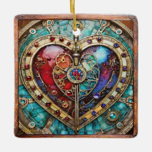 Red  Blue Stained Glass Heart Steampunk Series Ceramic Ornament