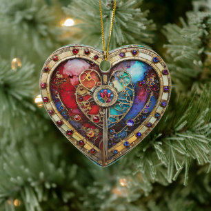 Red & Blue Stained Glass Heart Steampunk Series Ceramic Ornament