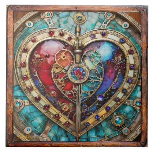 Red  Blue Stained Glass Heart Steampunk Series Ceramic Tile