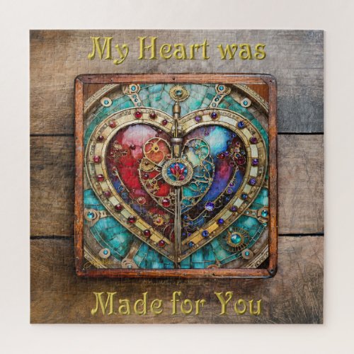 Red  Blue Stained Glass Heart Steampunk Series Jigsaw Puzzle