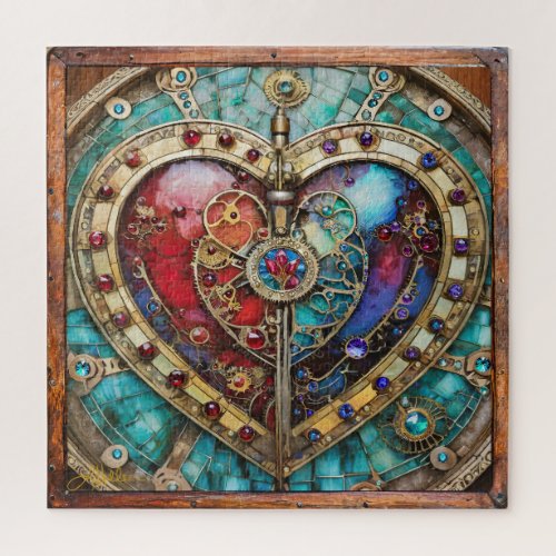 Red  Blue Stained Glass Heart Steampunk Series Jigsaw Puzzle