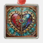 Red &amp; Blue Stained Glass Heart Steampunk Series Metal Ornament