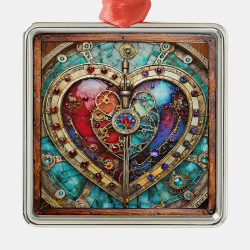 Red  Blue Stained Glass Heart Steampunk Series Metal Ornament