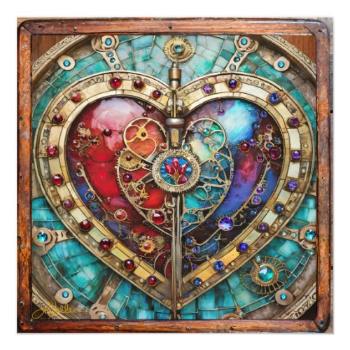 Red  Blue Stained Glass Heart Steampunk Series Photo Print