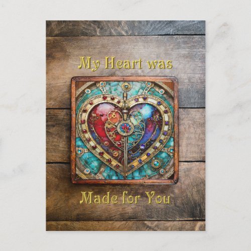 Red  Blue Stained Glass Heart Steampunk Series Postcard