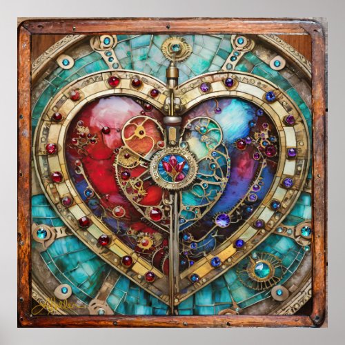 Red  Blue Stained Glass Heart Steampunk Series Poster