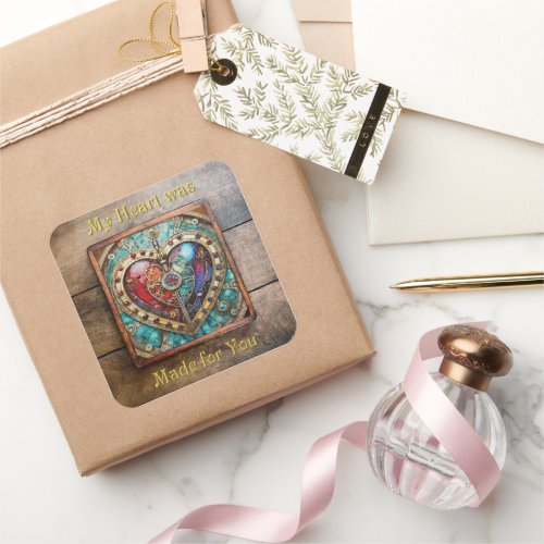 Red  Blue Stained Glass Heart Steampunk Series Square Sticker