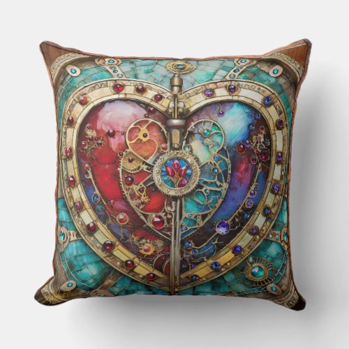 Red  Blue Stained Glass Heart Steampunk Series Throw Pillow