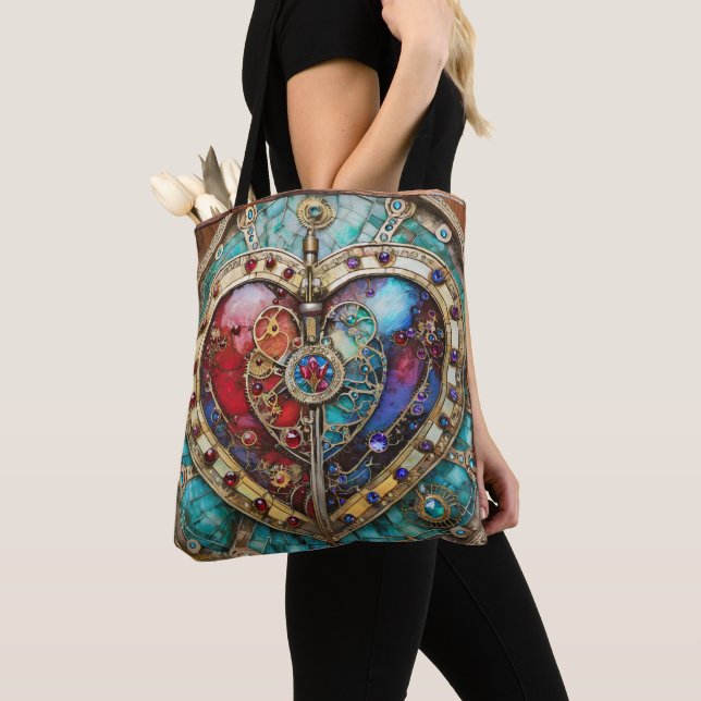 Red & Blue Stained Glass Heart Steampunk Series Tote Bag (Close Up)