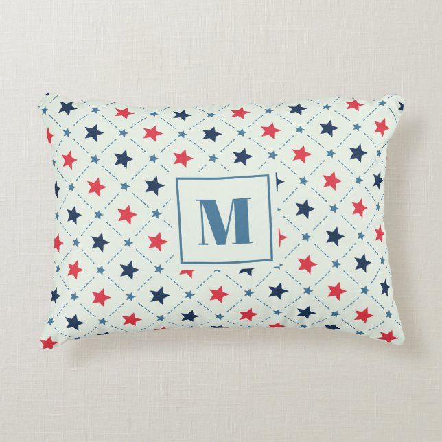 Red Blue Star Dot Line Geometric Pattern Monogram Accent Pillow (Front)