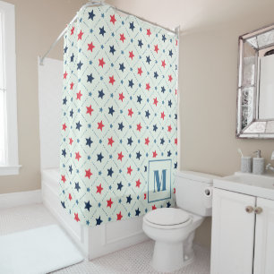 Red Blue Star Dot Line Geometric Pattern Monogram Shower Curtain