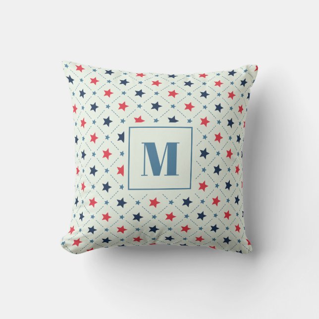 Red Blue Star Dot Line Geometric Pattern Monogram Throw Pillow (Front)