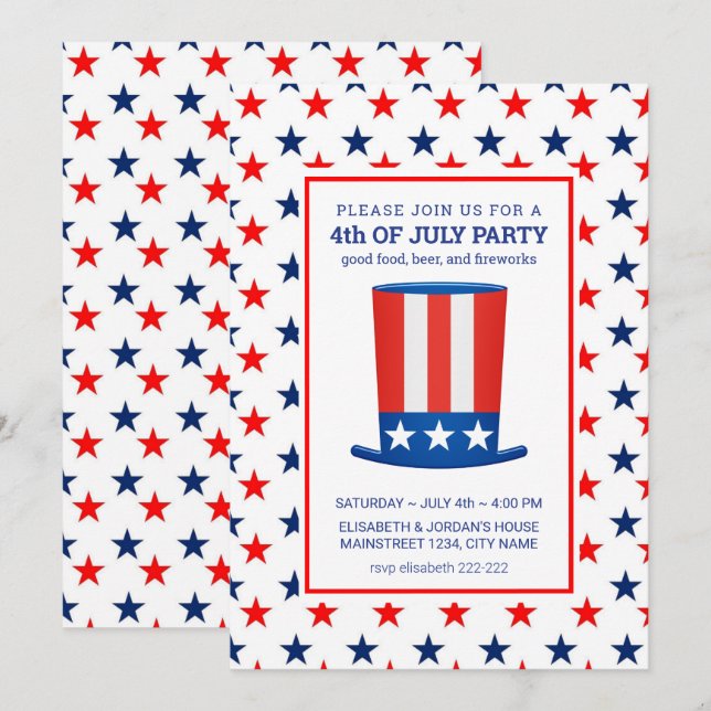 Red Blue Stars 4th July Invitations (Front/Back)