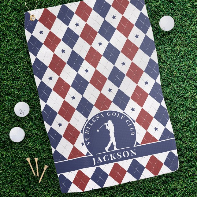 Red Blue Stars Argyle Personalized Monogram Golf Towel (Creator Uploaded)