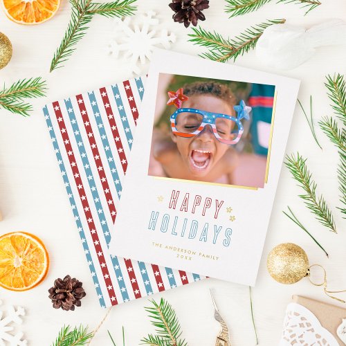 Red  Blue Stars Happy Holidays Christmas Photo Foil Holiday Card