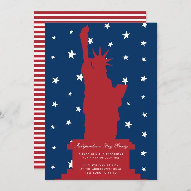 Red Blue Stars Statue of Liberty 4th of July Party Invitation (Front/Back)