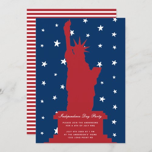 Red Blue Stars Statue of Liberty 4th of July Party Invitation