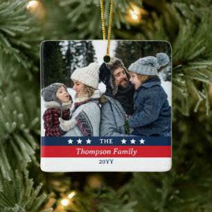 Red Blue Stars Stripes Family Photo Christmas Ceramic Ornament