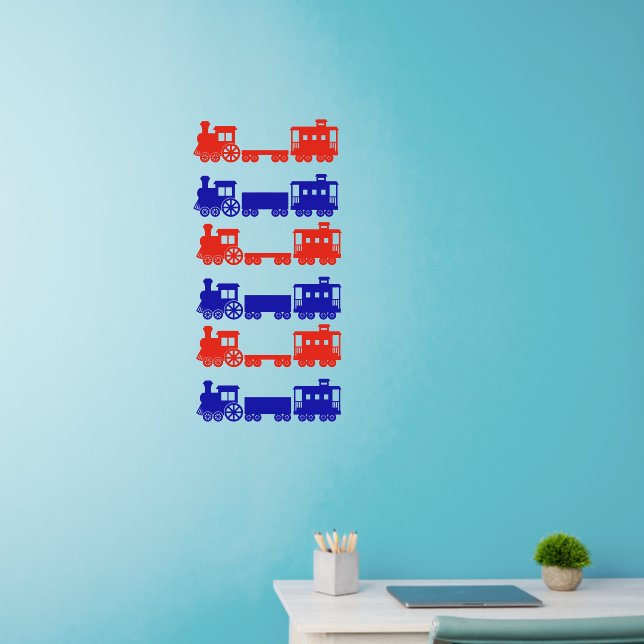 Red Blue Steam Trains, Boys Room, approx 15" wide  Wall Decal (Home Office)