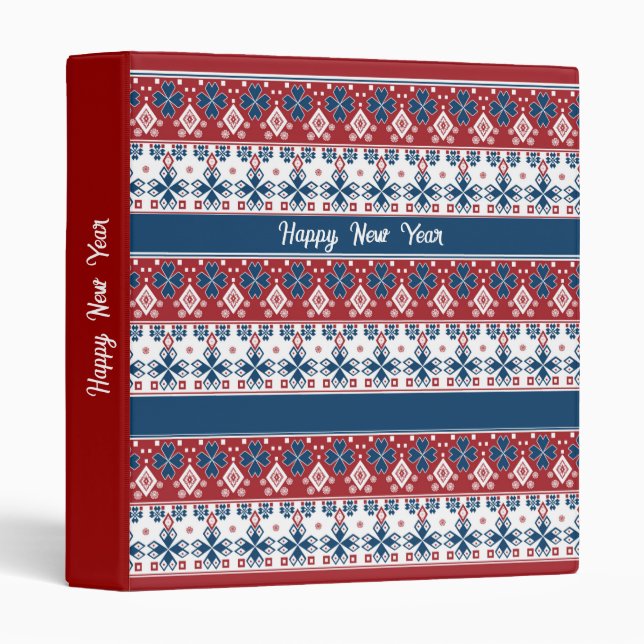 Red Blue Striped Norwegian Pattern 3 Ring Binder (Front/Spine)